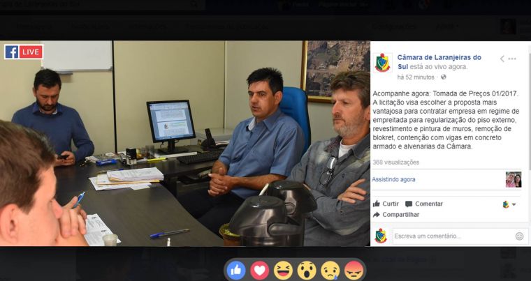 Câmara de Laranjeiras inova e transmite licitações ao vivo pelo Facebook